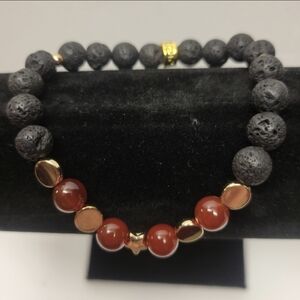 Gold, Black Lava and Red Carnelian Bead Stretch Bracelet